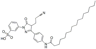 3-[[4-(2-シアノエチル)-4,5-ジヒドロ-5-オキソ-3-[4-[(1-オキソヘキサデシル)アミノ]フェニル]-1H-ピラゾール]-1-イル]ベンゼンスルホン酸 化学構造式