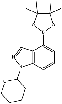 1-(テトラヒドロピラン-2-イル)-4-(4,4,5,5-テトラメチル[1,3,2]ジオキサボロラン-2-イル)-1H-インダゾール 化学構造式