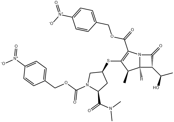 4-ニトロベンジル　(5S,6S)-3-[((3S,5S)-5-[(ジメチルアミノ)カルボニル]-1-{[(4-ニトロベンジル)オキシ]カルボニル]ピロリジニル)スルファニル]-6-[(1R)-1-ヒドロキシエチル]-4-メチル-7-オキソ-1-アザビシクロ[3.2.0]ヘプト-2-エン-2-カルボン酸 化学構造式