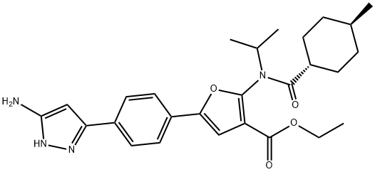 3-Furancarboxylic  acid,  5-[4-(5-amino-1H-pyrazol-3-yl)phenyl]-2-[[(trans-4-methylcyclohexyl)carbonyl](1-methylethyl)amino]-,  ethyl  ester,960521-96-4,结构式