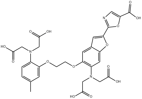 α,α'-[[5-[2-[2-[ビス(カルボキシメチル)アミノ]-5-メチルフェノキシ]エトキシ]-2-(5-カルボキシオキサゾール-2-イル)ベンゾフラン-6-イル]イミノ]ビス酢酸 化学構造式