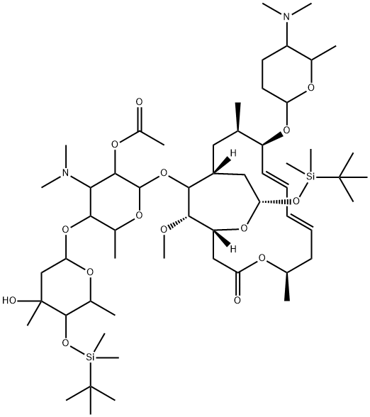 [9(2R,5S,6R)]-18-Deoxo-3-deoxy-9-O-[5-(dimethylamino)tetrahydro-6-methyl-2H-pyran-2-yl]-4B-O-[(1,1-dimethylethyl)dimethylsilyl]-18-[[(1,1-dimethylethyl)dimethylsilyl]oxy]-3,18-epoxy-leucomycin V 2B-Acetate Structure