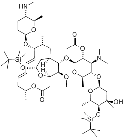 9(2R,5S,6R)]-18-Deoxo-3-deoxy-4B-O-[(1,1-dimethylethyl)dimethylsilyl]-18-[[(1,1-dimethylethyl)dimethylsilyl]oxy]-3,18-epoxy-9-O-[tetrahydro-6-methyl-5-(methylamino)-2H-pyran-2-yl]-leucomycin V 2B-Acetate 结构式