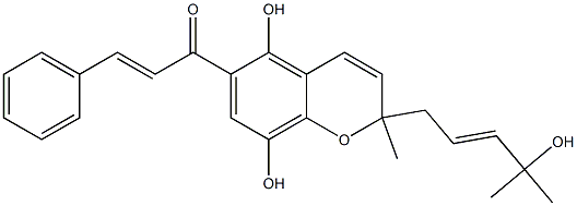 [E,(+)]-1-[5,8-Dihydroxy-2-[(E)-4-hydroxy-4-methyl-2-pentene-1-yl]-2-methyl-2H-1-benzopyran-6-yl]-3-phenyl-2-propene-1-one Struktur