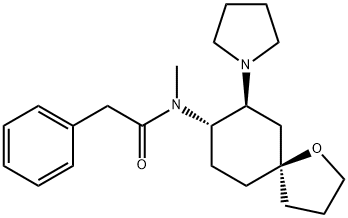 rel-N-メチル-N-[(5R*)-7α*-(1-ピロリジニル)-1-オキサスピロ[4.5]デカン-8β*-イル]ベンゼンアセトアミド 化学構造式