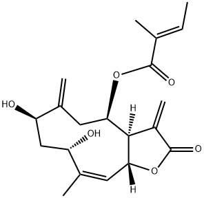 2-Methylcrotonic acid (3aR,4R,7R,9S,10Z,11aR)-2,3,3a,4,5,6,7,8,9,11a-decahydro-7,9-dihydroxy-10-methyl-3,6-bis(methylene)-2-oxocyclodeca[b]furan-4-yl ester Structure