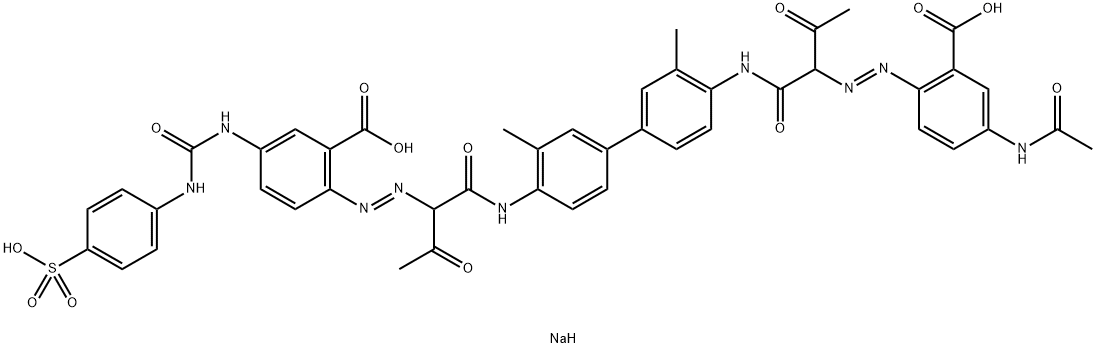 2-[[1-[[[4'-[2-[(4-acetamido-2-carboxyphenyl)azo]acetoacetamido]-3,3'-dimethyl[1,1'-biphenyl]-4-yl]amino]carbonyl]-2-oxopropyl]azo]-5-[[(4-sulphoanilino)carbonyl]amino]benzoic acid, sodium salt Structure