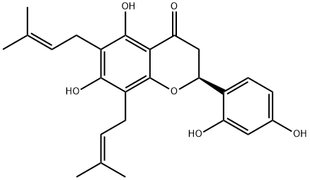 4H-1-Benzopyran-4-one, 2-(2,4-dihydroxyphenyl)-2,3-dihydro-5,7-dihydro xy-6,8-bis(3-methyl-2-butenyl)-, (S)- Struktur