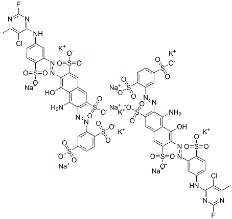 99129-26-7 2,7-Naphthalenedisulfonic acid, 4-amino-6-[[5-[(5-chloro- 2-fluoro-6-methyl-4-pyrimidinyl)amino]-2-sulfophenyl ]azo]-3-[(2,5-disulfophenyl)azo]-5-hydroxy-, potassium sodium salt