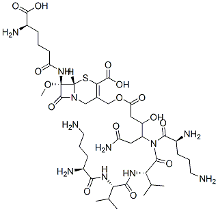 (7S)-7-[[(R)-5-Amino-5-carboxy-1-oxopentyl]amino]-7-methoxy-3-[[[6-amino-3-hydroxy-4-(L-ornithyl-L-valyl-L-ornithyl-L-valylamino)-1,6-dioxohexyl]oxy]methyl]cepham-3-ene-4-carboxylic acid Struktur
