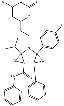 4-(4-氟苯基)-6-(1-甲基乙基)-N,2-二苯基-5-[2-(四氢-4-羟基-6-氧代-2H-吡喃-2-基)乙基]-3,7-二氧杂-5-氮杂三环[4.1.0.0(2,4)]庚烷-1-甲酰胺, 1046118-40-4, 结构式