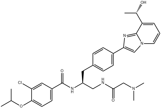 3-氯-N-{(1S)-2-[(N,N-二甲基甘氨酰)氨基]-1-[(4-{8-[(1S)-1-羟基乙基]咪唑并[1,2-A]吡啶-2-基}苯基)甲基]乙基}-4-[(1-甲基乙基)氧基]苯甲酰胺 结构式