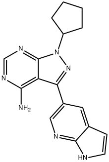 1-Cyclopentyl-3-(1H-pyrrolo[2,3-b]pyridin-5-yl)-1H-pyrazolo[3,4-d]pyrimidin-4-amine 化学構造式