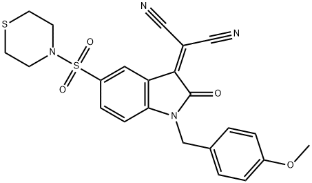 2-[(4-Methoxybenzyl)-2-oxo-5-(thiomorpholinosulfonyl)indolin-3-ylidene]malononitrile|2-[(4-METHOXYBENZYL)-2-OXO-5-(THIOMORPHOLINOSULFONYL)INDOLIN-3-YLIDENE]MALONONITRILE