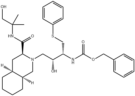 (3S,4aS,8aS)-Decahydro-N-(2-hydroxy-1,1-dimethylethyl)-2-[(2R,3R)-2-hydroxy-3-carbobenzyloxyamino-4-phenylthiobutyl]-3-isoquinolinecarboxamide Struktur