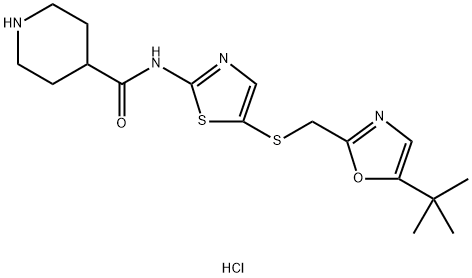 N-[5-[[[5-(1,1-二甲基乙基)-2-二唑基]甲基]硫基]-2-噻唑基]-4-哌啶甲酰胺盐酸盐,345627-90-9,结构式