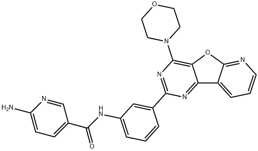 N-[3-(8-モルホリノ-9-オキサ-1,5,7-トリアザ-9H-フルオレン-6-イル)フェニル]-6-アミノニコチンアミド 化学構造式