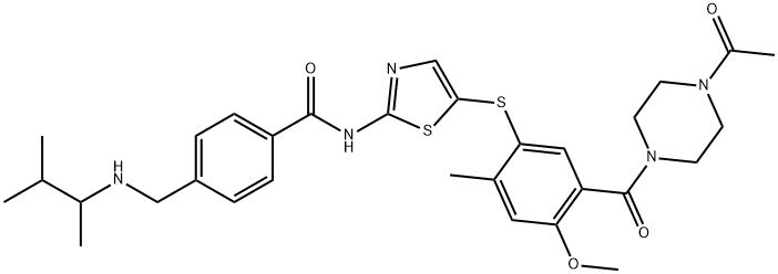 N-(5-((5-(4-乙酰基哌嗪-1-甲酰基)-4-甲氧基-2-甲基苯基)硫基)噻唑-2-基)-4-(((3-甲基丁烷-2-基)氨基)甲基)苯甲酰胺,439574-61-5,结构式
