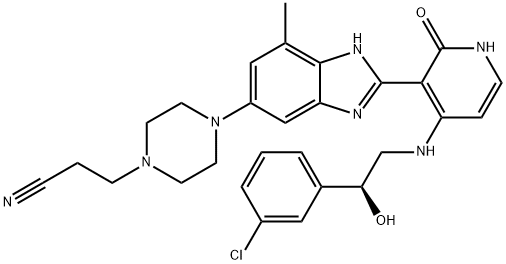 4-[2-[4-[[(2S)-2-(3-氯苯基)-2-羟基乙基]氨基]-1,2-二氢-2-氧代-3-吡啶基]-7-甲基-1H-苯并咪唑-5-基]-1-哌嗪丙腈, 468741-42-6, 结构式