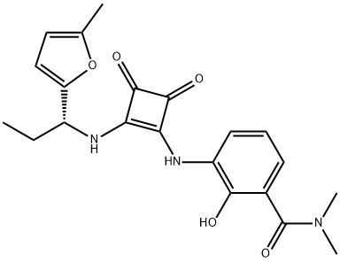 3-[[3-[(二甲基氨基)羰基]-2-羟基苯基]氨基]-4-[[(R)-1-(5-甲基呋喃-2-基)丙基]氨基]-3-环丁烯-1,2-二酮, 473727-83-2, 结构式