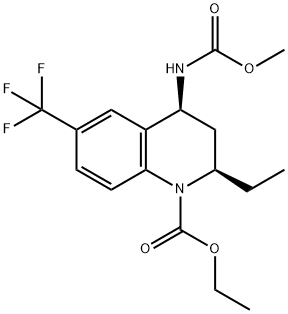 (2R,4S)-2-Ethyl-4-methoxycarbonylamino-6-trifluoromethyl-3,4-dihydro-2H-quinoline-1-carboxylic Acid Ethyl Ester
 Structure