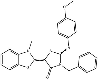 3-苄基-2-[(4-甲氧基苯基)亚氨基]-5-(3-甲基-3H-苯并噻唑-2-亚基)噻唑烷-4-酮 结构式