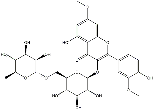 4H-1-Benzopyran-4-one, 3-((6-o-(6-deoxy-alpha-L-mannopyranosyl)-beta-D-glucopyranosyl)oxy)-5-hydroxy-2-(4-hydroxy-3-methoxyphenyl)-7-methoxy- 结构式