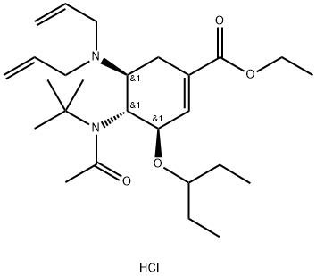 (3R,4R,5S)-4-N-乙酰基(叔丁基)氨基-5-N,N-二烯丙基氨基-3-(1-乙基丙氧基)-1-环己烯-1-甲酸乙酯单盐酸盐, 651324-08-2, 结构式