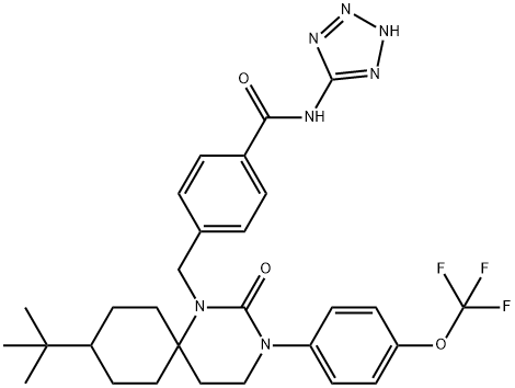 BENZAMIDE, 4-[[9-(1,1-DIMETHYLETHYL)-2-OXO-3-[4-(TRIFLUOROMETHOXY)PHENYL]-1,3-DIAZASPIRO[5.5]UNDEC-1-YL]METHYL]-N-2H-TETRAZOL-5-YL-, 706812-04-6, 结构式