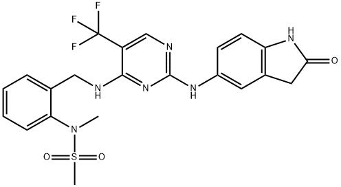 N-Methyl-N-[2-[[[2-[(2-oxo-2,3-dihydro-1H-indol-5-yl)amino]-5-trifluoromethylpyrimidin-4-yl]amino]methyl]phenyl]methanesulfonamide Struktur