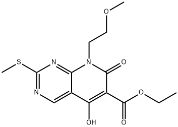ethyl 5-hydroxy-8-(2-methoxyethyl)-2-(methylthio)-7-oxo-7,8-dihydropyrido[2,3-d]pyrimidine-6-carboxylate Struktur