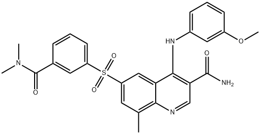 6-[[3-[(ジメチルアミノ)カルボニル]フェニル]スルホニル]-4-[(3-メトキシフェニル)アミノ]-8-メチル-3-キノリンカルボキサミド 化学構造式