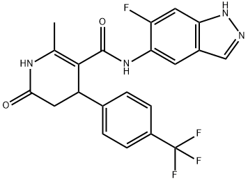 4-[4-(トリフルオロメチル)フェニル]-N-(6-フルオロ-1H-インダゾール-5-イル)-2-メチル-6-オキソ-1,4,5,6-テトラヒドロ-3-ピリジンカルボアミド 化学構造式