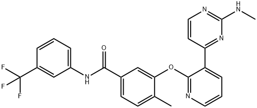 4-メチル-3-((3-(2-(メチルアミノ)ピリミジン-4-イル)ピリジン-2-イル)オキシ)-N-(3-(トリフルオロメチル)フェニル)ベンズアミド 化学構造式