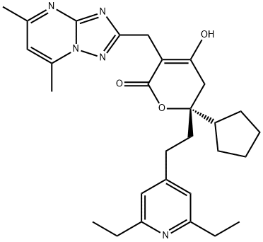(R)-6-环戊基-6-[2-(2,6-二乙基吡啶-4-基)乙基]-3-[(5,7-二甲基-[1,2,4]三唑并[1,5-A]嘧啶-2-基)甲基]-4-羟基-5,6-二氢-2H-吡喃-2-酮, 877130-28-4, 结构式