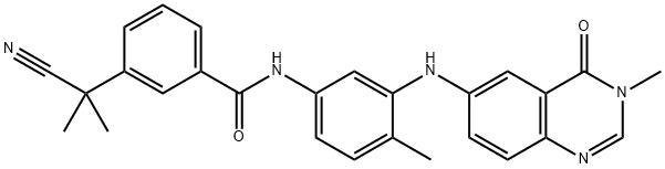 N-[4-メチル-3-(3-メチル-4-オキソ-3,4-ジヒドロキナゾリン-6-イルアミノ)フェニル]-3-(1-シアノ-1-メチルエチル)ベンズアミド 化学構造式