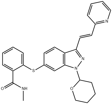 N-Methyl-2-[[3-[(1E)-2-(2-pyridinyl)ethenyl]-1-(tetrahydro-2H-pyran-2-yl)-1H-indazol-6-yl]thio]benzamide Structure