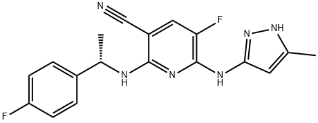 5-氟-2-[[(1S)-1-(4-氟苯基)乙基]氨基]-6-[(5-甲基-1H-吡唑-3-基)氨基]-3-吡啶腈,905586-69-8,结构式