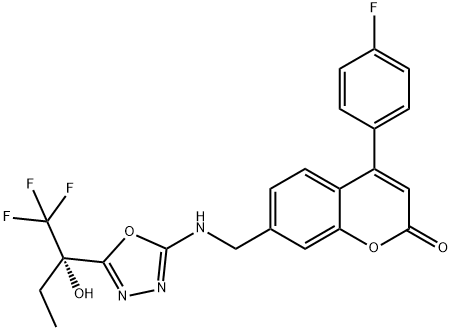 4-(4-氟苯基)-7-[[[5-[(1S)-1-羟基-1-(三氟甲基)丙基]-1,3,4-恶二唑-2-基]氨基]甲基]-2H-1-苯并吡喃-2-酮, 910656-27-8, 结构式