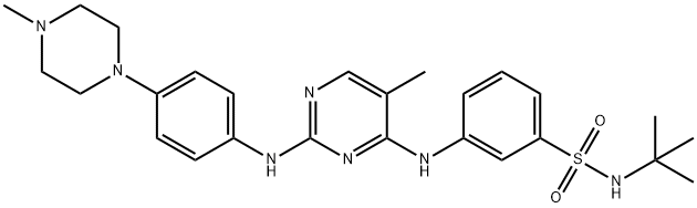 N-tert-ブチル-3-[(5-メチル-2-{[4-(4-メチルピペラジン-1-イル)フェニル]アミノ}ピリミジン-4-イル)アミノ]ベンゼンスルホンアミド 化学構造式