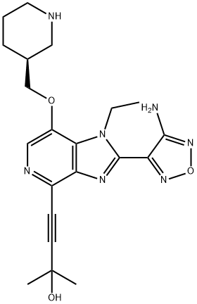 4-[2-(4-アミノ-1,2,5-オキサジアゾール-3-イル)-1-エチル-7-[[(3S)-3-ピペリジニル]メトキシ]-1H-イミダゾ[4,5-c]ピリジン-4-イル]-2-メチル-3-ブチン-2-オール 化学構造式