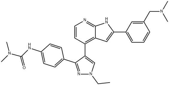 1-{4-[4-(2-{3-[(ジメチルアミノ)メチル]フェニル}-1H-ピロロ[2,3-b]ピリジン-4-イル)-1-エチル-1H-ピラゾール-3-イル]フェニル}-3,3-ジメチル尿素 化学構造式