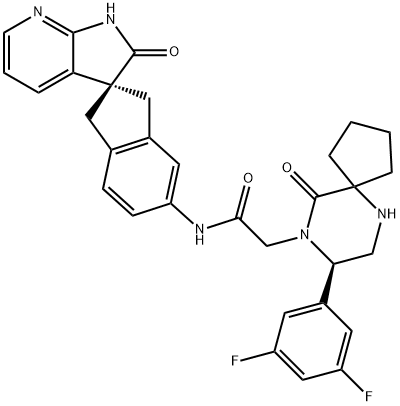 (8R)-8-(3,5-Difluorophenyl)-10-oxo-N-[(2R)-1,1',2',3-tetrahydro-2'-oxospiro[2H-indene-2,3'-[3H]pyrrolo[2,3-b]pyridin]-5-yl]-6,9-diazaspiro[4.5]decane-9-acetamide Structure