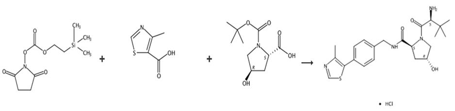 图2 (2S，4R)-1-((S)-2-氨基-3，3-二甲基丁酰基)-4-羟基-N-(4-(4-甲基噻唑-5-基)苄基)吡咯烷-2-甲酰胺盐酸盐的合成路线[1]。