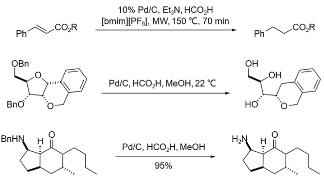 甲酸可以将 α,β-不饱和羧酸和酯、苄基醚或胺还原
