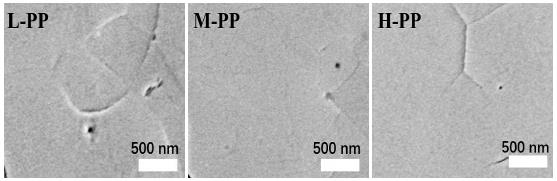 三种PTAA-聚[双(4-苯基)(2,4,6-三甲基苯基)胺]对应的钙钛矿薄膜的SEM图