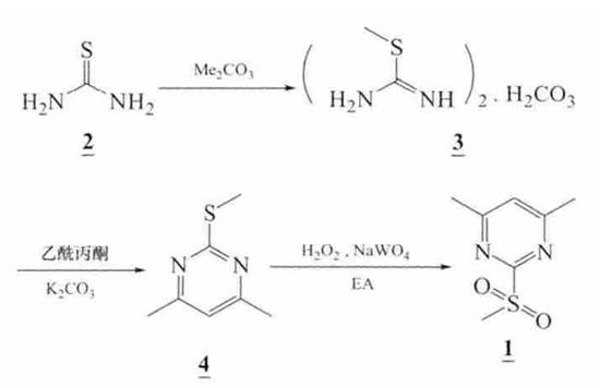 图2 4,6-二甲基-2-甲磺酰基嘧啶合成路线图.png 图2 4,6-二甲基-2-甲磺酰基嘧啶合成路线图.png