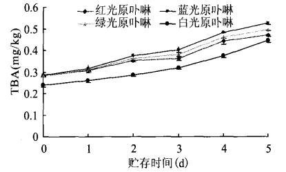 不同光波长下贮存期间加入原卟啉TBA值的变化
