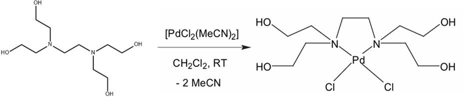 N,N,N',N'-Tetrakis(2-hydroxyethyl)ethylenediamine chelates palladium ions N,N,N',N'-Tetrakis(2-hydroxyethyl)ethylenediamine chelates palladium ions