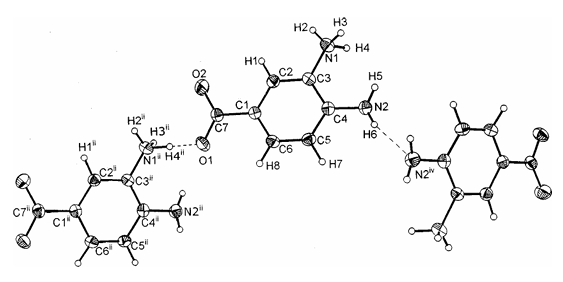 Fig.1. Crystal structure of 3,4-diamonobenzoic acid. Symmetrycode: (ii)x,¡y,zC0:5; (iv)¡xC0:5,y¡0:5,¡zC0:5: Fig.1. Crystal structure of 3,4-diamonobenzoic acid. Symmetrycode: (ii)x,¡y,zC0:5; (iv)¡xC0:5,y¡0:5,¡zC0:5:
